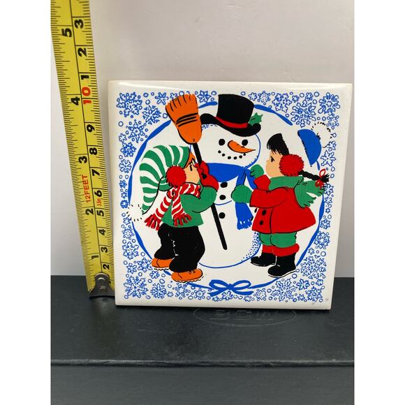 Vintage Jasco Ceramic Christmas Snowman Tile Trivet - Taiwan - Rubber Feet 4.25" - Picture 4 of 5